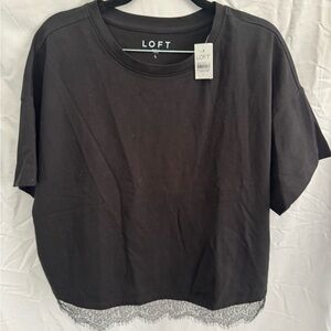 LOFT Black Short Sleeve Top with Lace Hem